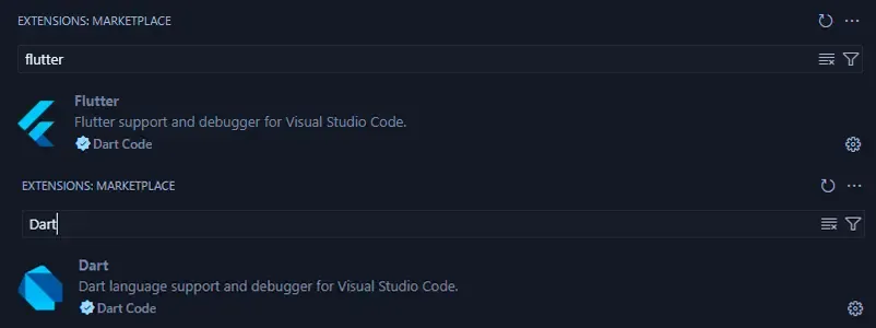 Muestra de las extensiones de Dart y Flutter en VS Code